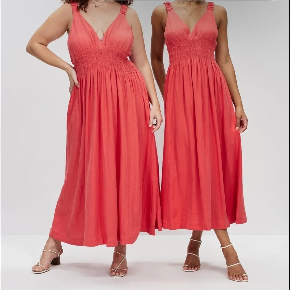 Abercrombie Scrunchie Strap Plunge Linen Maxi Dress Salmon Pink